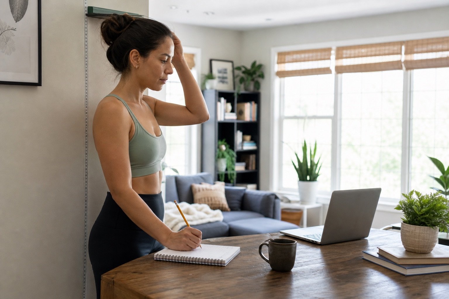 Person reviewing BMI and health notes at home