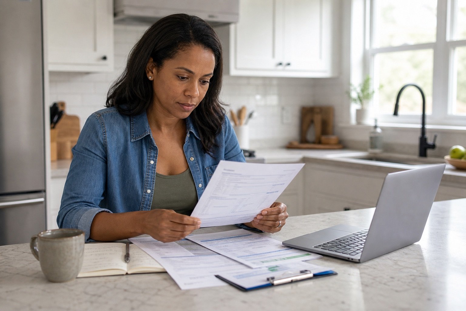 Person reviewing health insurance paperwork and online care notes