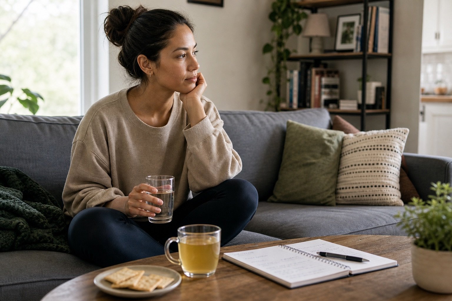 Person planning gentle foods and hydration for nausea support