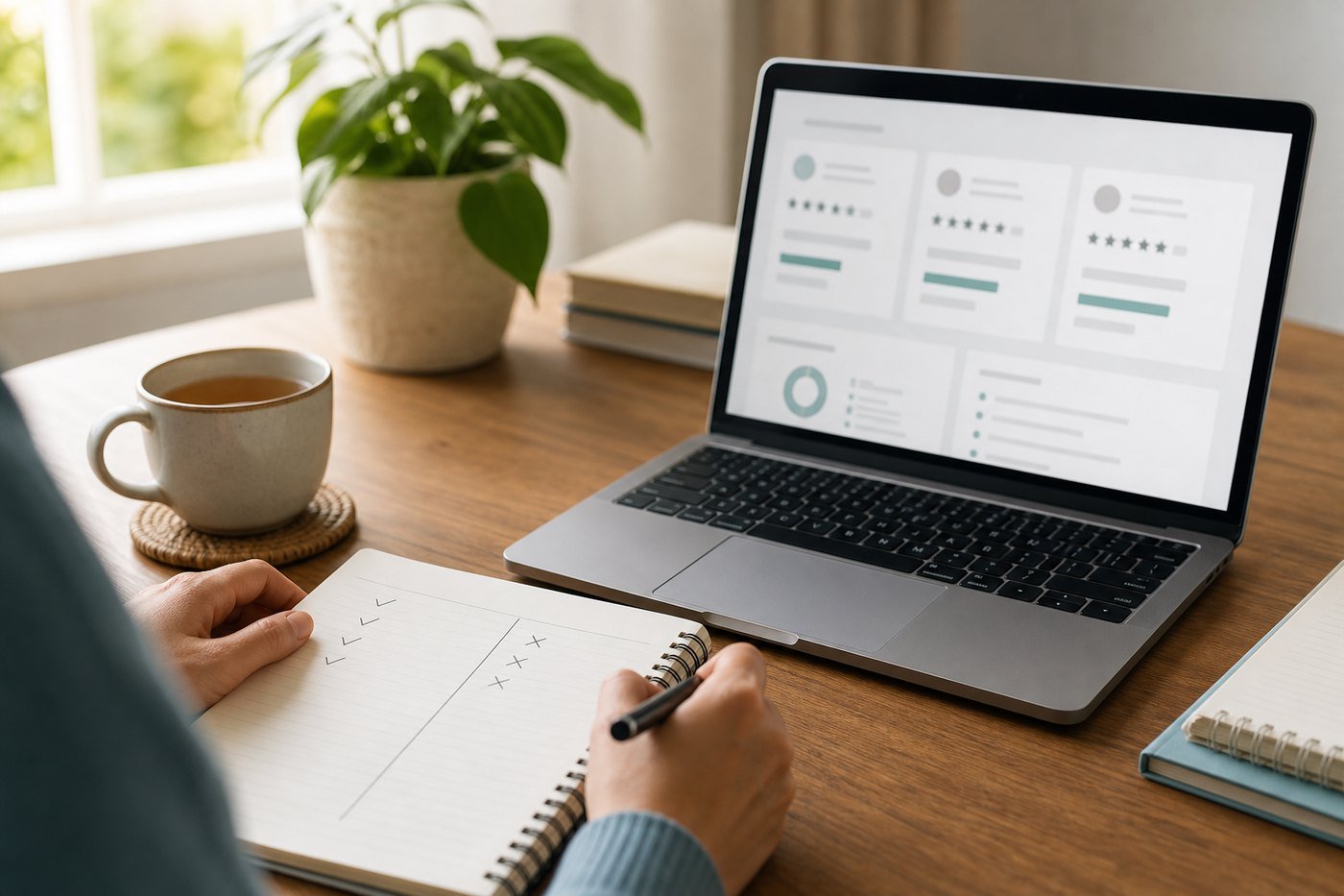 Laptop with pricing comparison cards and handwritten budget notes
