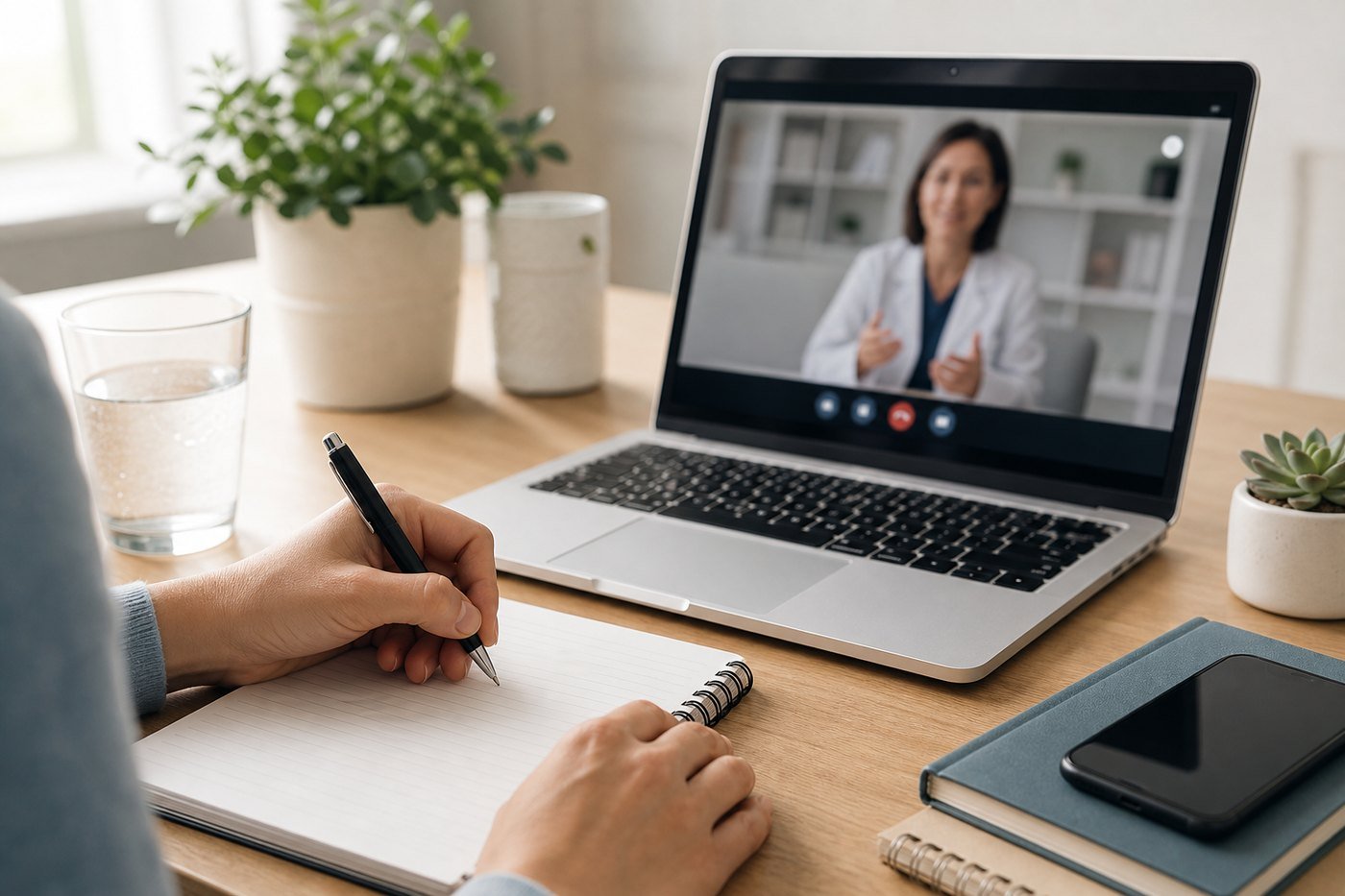 Laptop showing a telehealth provider consult while health notes are written nearby