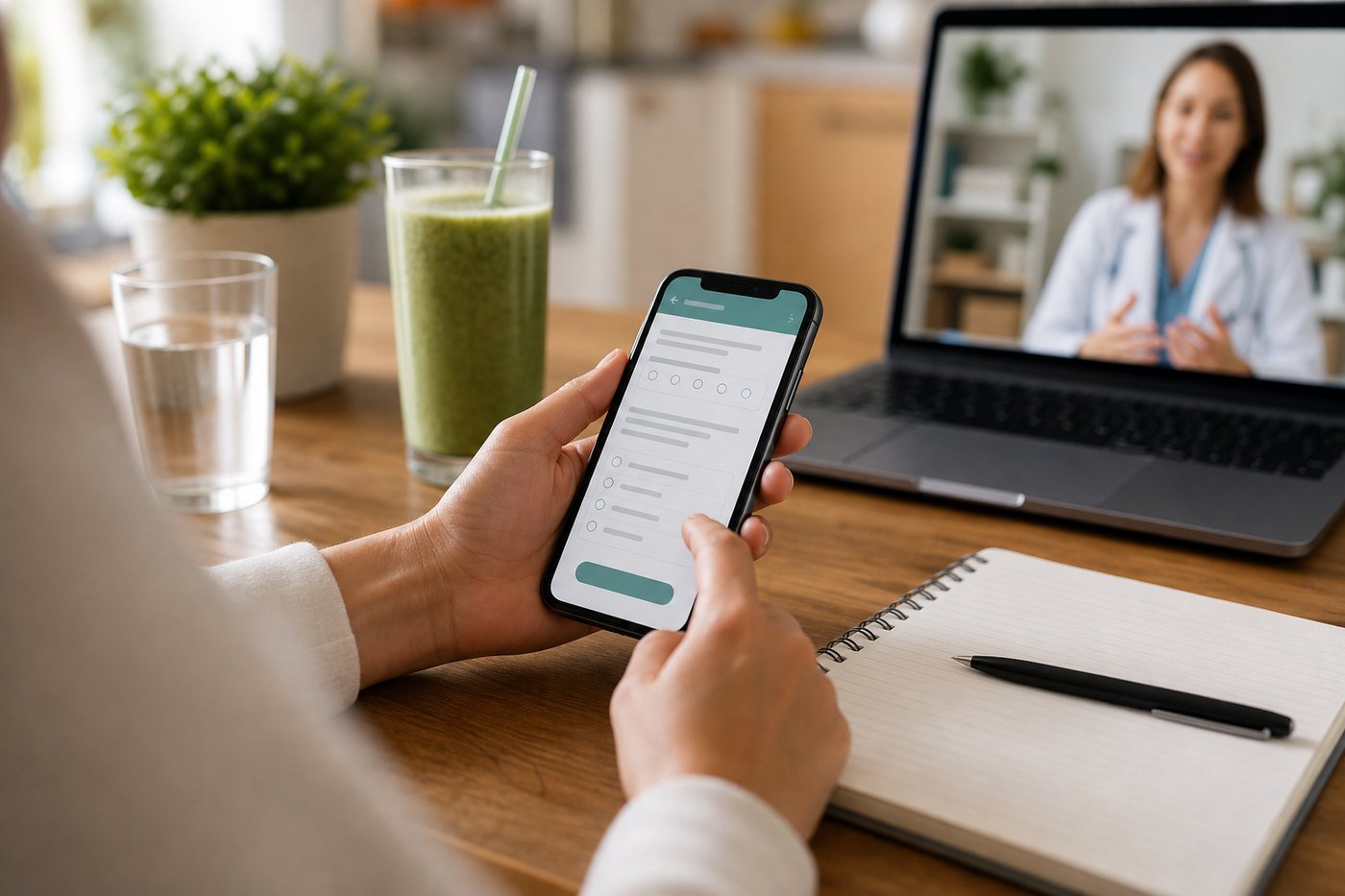 Person holding a phone while a telehealth consult appears on a laptop